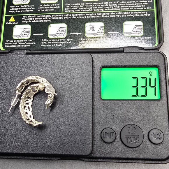 VTG Sterling Silver Diamond Cut Filigree Floral Half Hoop Earrings .75" Signed M - Picture 9 of 10